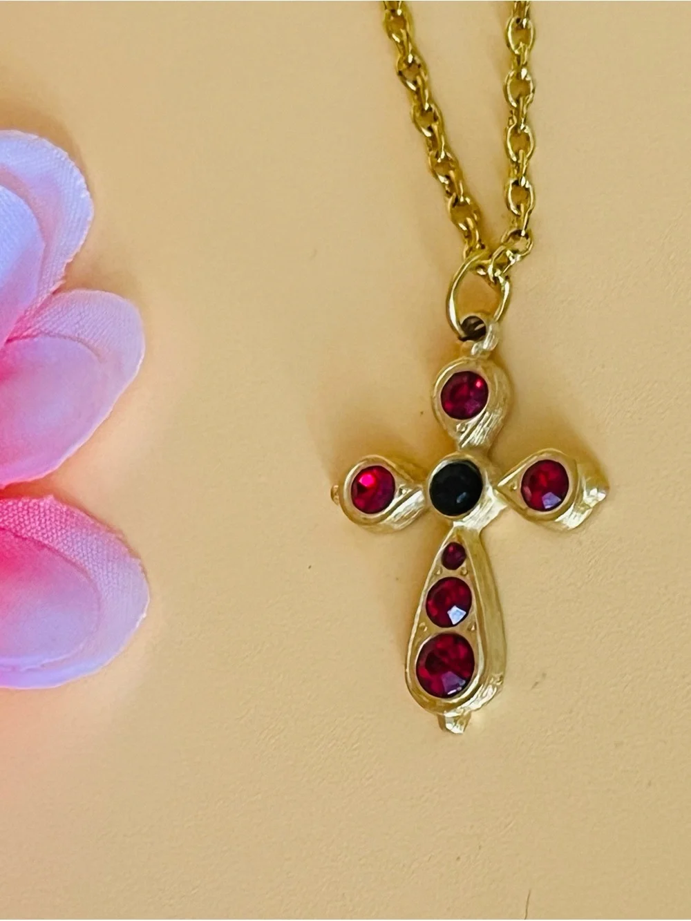 Gold Cross Pendant Necklace with Red Gemstones